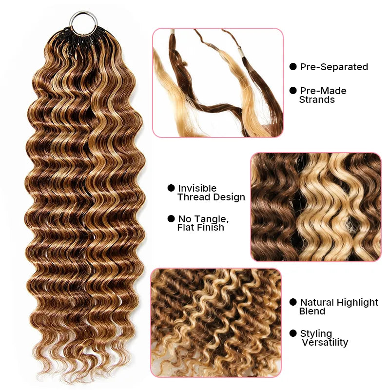 #4/27 highlight deep wave crochet human hair extension featuring rich curl definition, soft texture and natural shine for boho braids