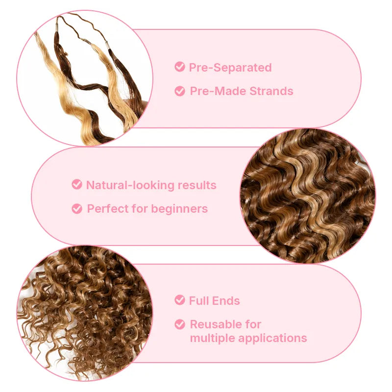 #4/27 highlight water wave crochet human hair extension featuring defined waves, natural color blend and soft texture for boho braids