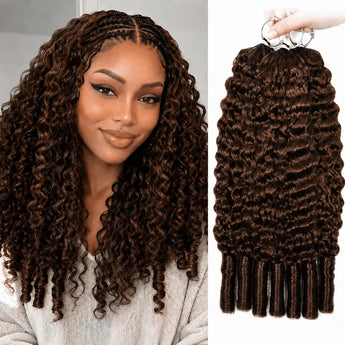 Model wearing Ali Grace #4 Chocolate Brown Burmese Curly protective style crochet 100% human hair extensions, featuring feather-soft curls, natural volume, and a seamless everyday look.