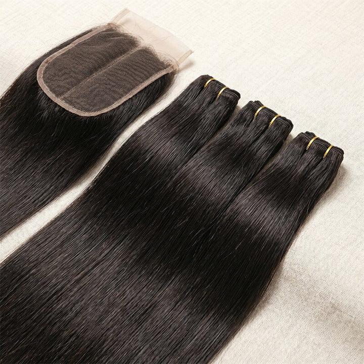 Ali Grace Hair Silky Straight Human Hair Bundles with 5x5 Closure 100% Real Hair, Full &amp; Tangle-Free AliGrace 