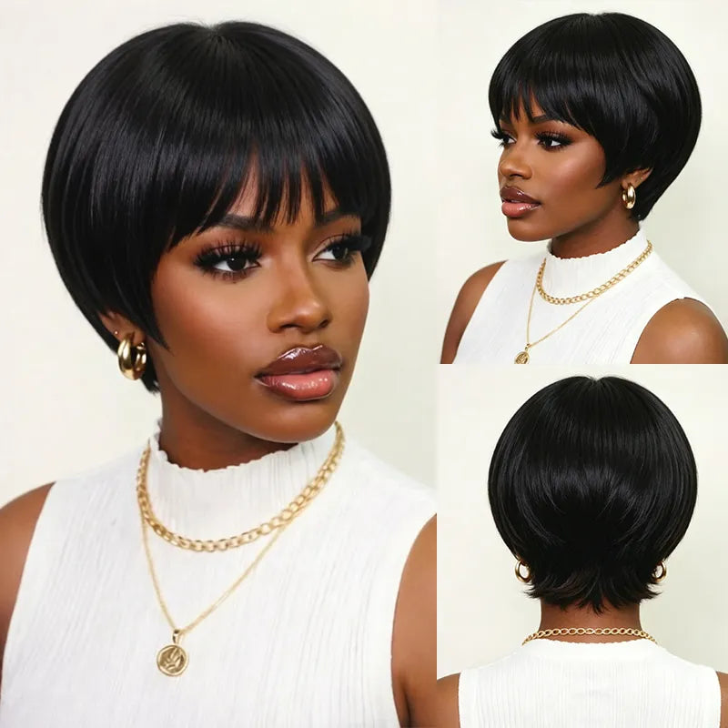 Front, side and back views of a model wearing the Aligrace 6-Inch Pixie Cut Straight Wig