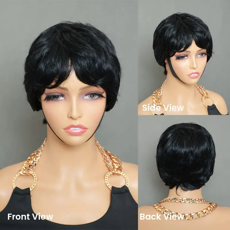 Front, side and back views of the Aligrace Natural Color 6-Inch Pixie Cut Straight Machine Made Wig