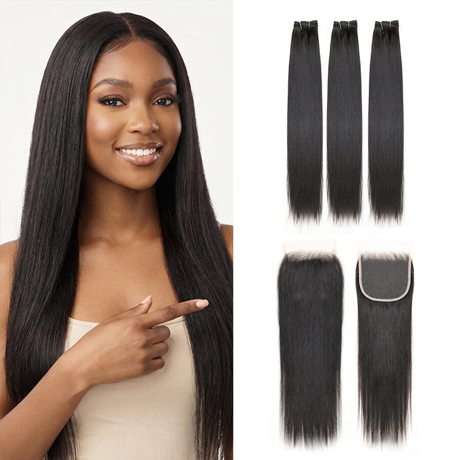 Ali Grace Hair Silky Straight Human Hair Bundles with 5x5 Closure 100% Real Hair, Full &amp; Tangle-Free AliGrace 