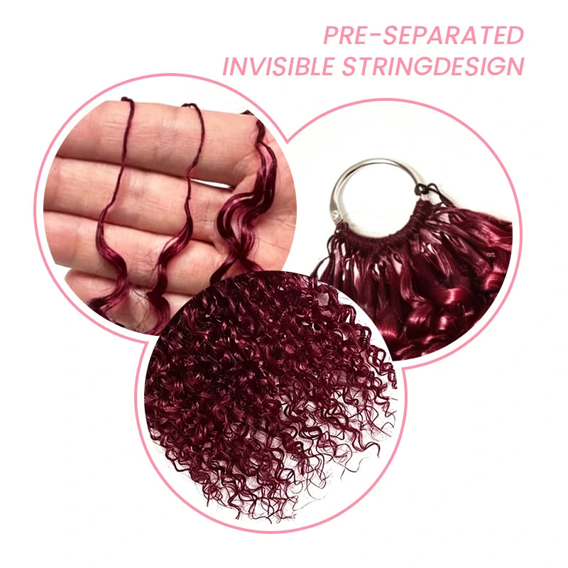 99J Burgundy Kinky Curly Crochet Hair Extension Close Up Showing Soft Human Hair Texture, Full Volume Curls and Knot-Friendly Design