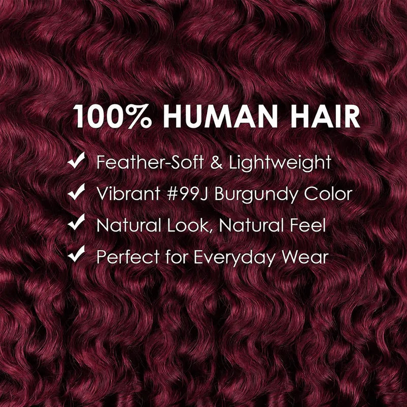 Benefits of Ali Grace 99J Burgundy Burmese Curly crochet 100% human hair extensions, featuring a feather-soft lightweight feel, vibrant 99J burgundy color, natural look and feel, and comfortable everyday wear.