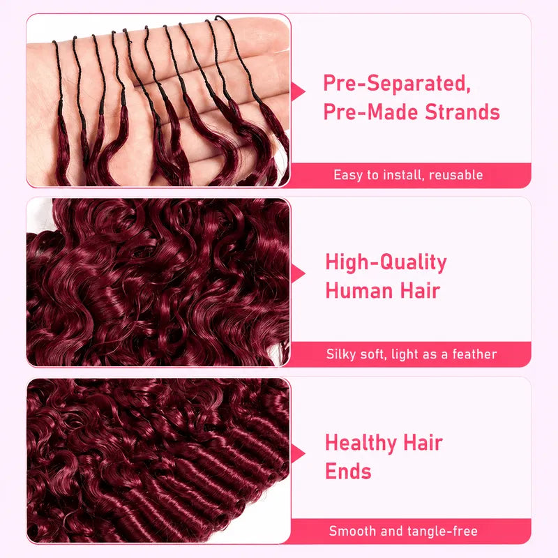 Close-up of Ali Grace 99J Burgundy Burmese Curly crochet 100% human hair extensions, showcasing feather-soft texture, defined curls, vibrant burgundy color, and premium human hair quality.