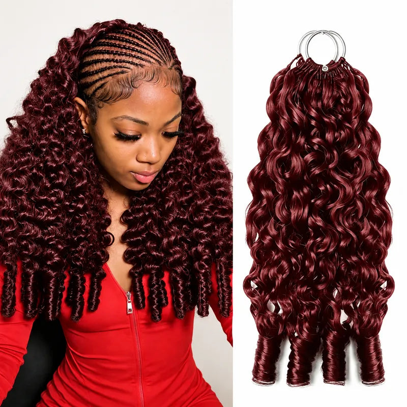 Ali Grace 99J Burgundy Burmese Curly pre-separated knotless crochet 100% human hair extensions displayed with a model, highlighting feather-soft texture, lightweight comfort, vibrant #99J burgundy color, and natural boho braid styling.