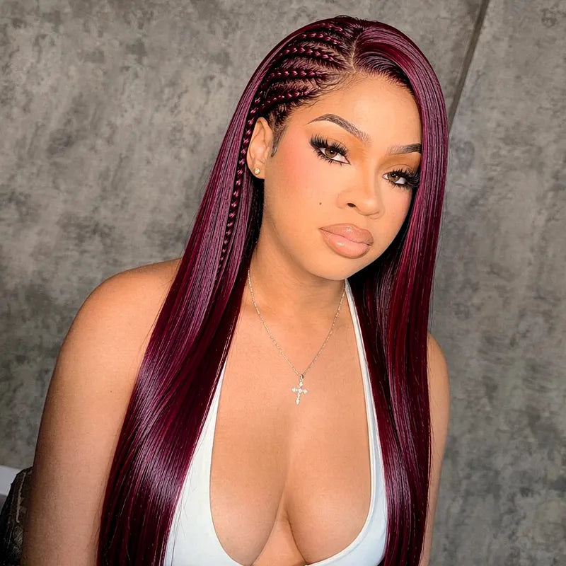 Model wearing Ali Grace 99J Burgundy Straight Crochet Hair 100% Human Hair Extension featuring a sleek straight texture, rich burgundy color and a natural-looking finish for protective styles.