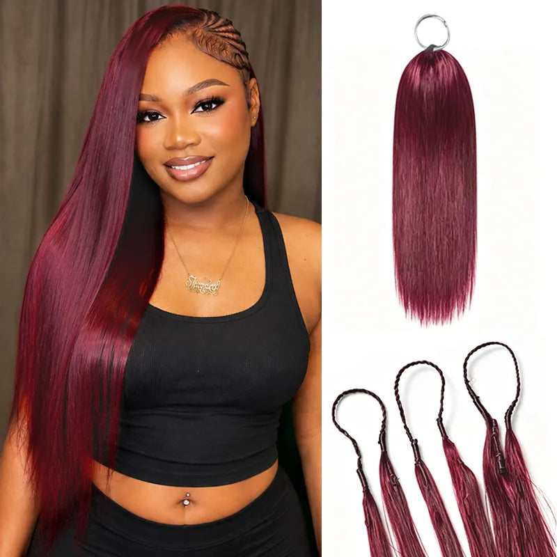 Ali Grace 99J Burgundy Straight Crochet Hair shown on a model alongside the product, highlighting silky straight texture, vibrant burgundy color and easy installation.