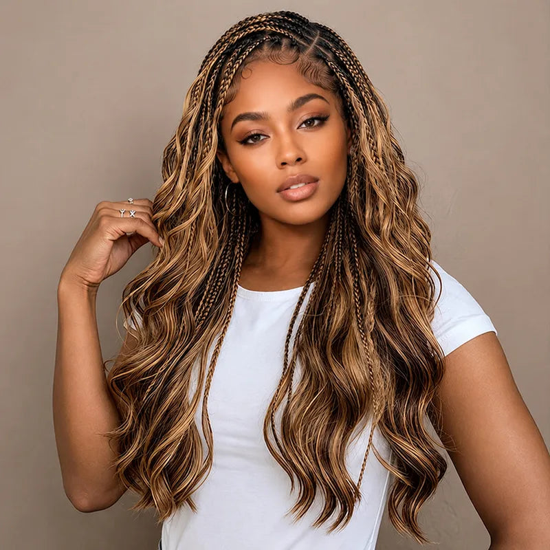 Model wearing Ali Grace #4/27 Highlight Body Wave Crochet 100% Human Hair Extension featuring luxurious body waves, dimensional highlight color, reusable knot-friendly strands and a natural-looking finish for boho braids.