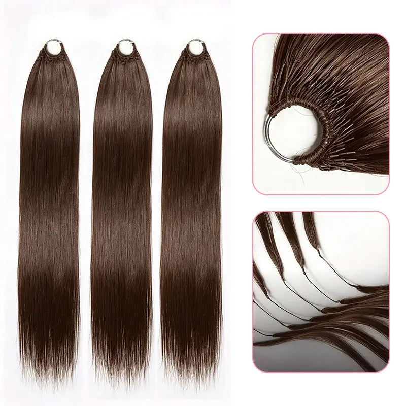 Ali Grace Chocolate Brown Straight Crochet Human Hair Extension product details showing smooth straight texture, knot-friendly strands and protective style friendly design for Boho Braids