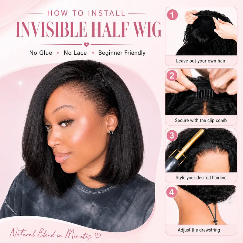 Step-by-step installation guide for the Ali Grace Kinky Straight Bob Half Wig featuring a glueless Wear & Go design, natural blowout texture, and easy beginner-friendly application.