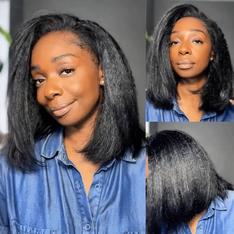 Ali Grace Kinky Straight Bob Half Wig 100% Human Hair shown from multiple angles with natural blowout texture and wear go glueless design