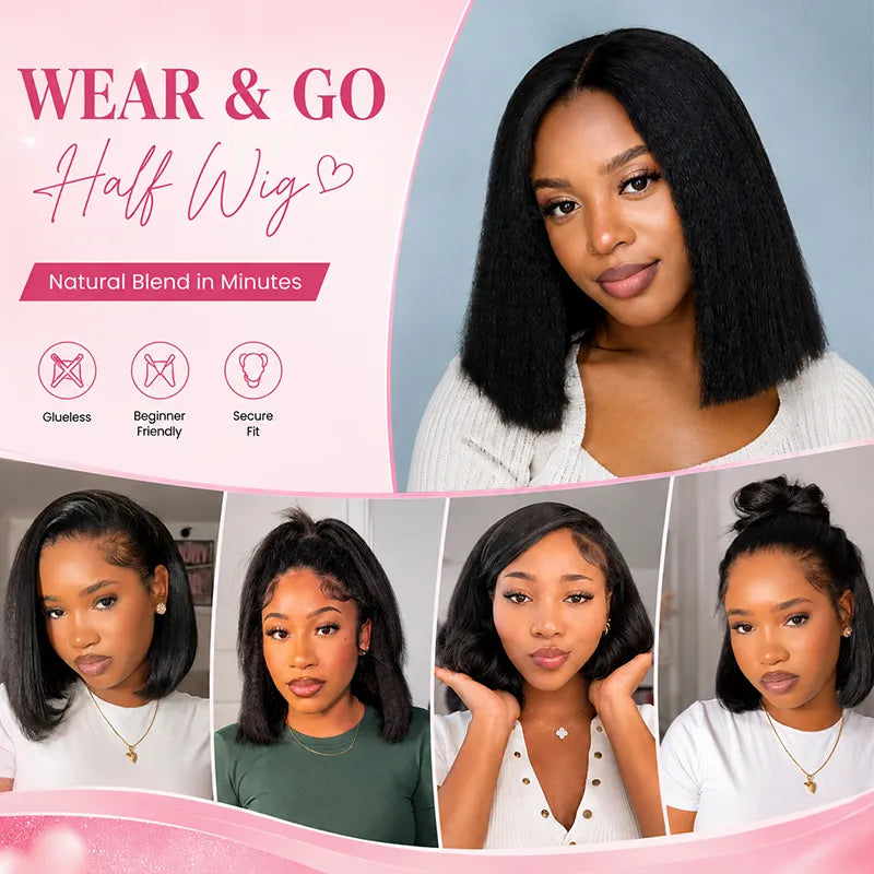 The model wore an Ali Grace Kinky Straight Bob half-wig, showcasing a natural blow-dry texture that highlights the quality of 100% human hair and the glue-free design.
