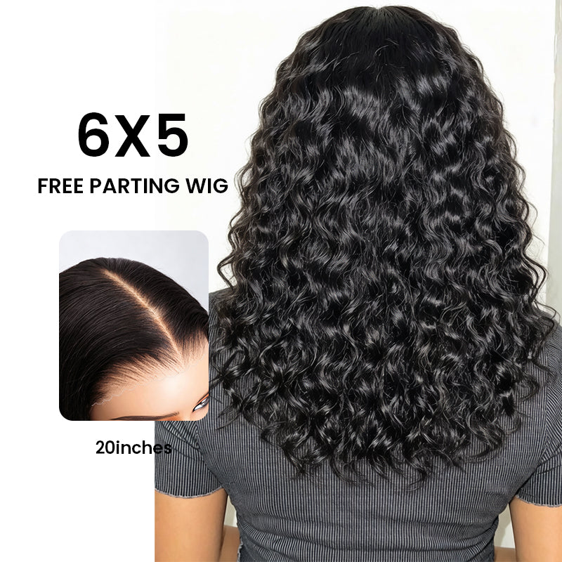 Back view of a model wearing the Aligrace 6x5 water wave wear and go wig with a close-up of the 20 inch free parting human hair wig