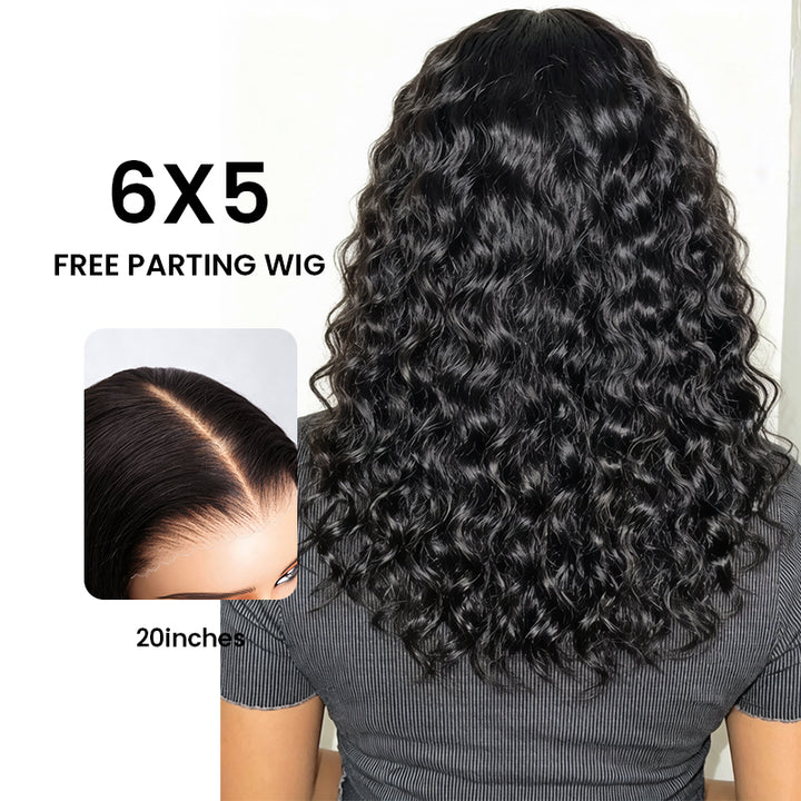 Back view of a model wearing the Aligrace 6x5 water wave wear and go wig with a close-up of the 20 inch free parting human hair wig