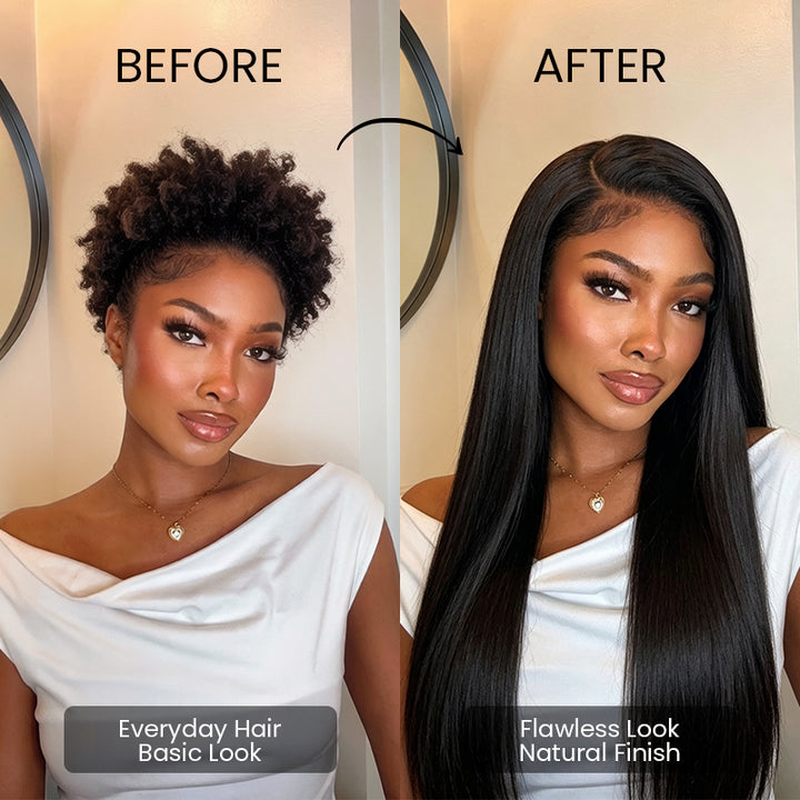 Before and after wearing the Aligrace 6x5 straight wear and go pre-cut glueless human hair wig