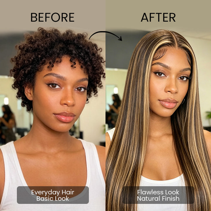 Before and after wearing the Aligrace 13x4 highlight brown lace front straight human hair wig