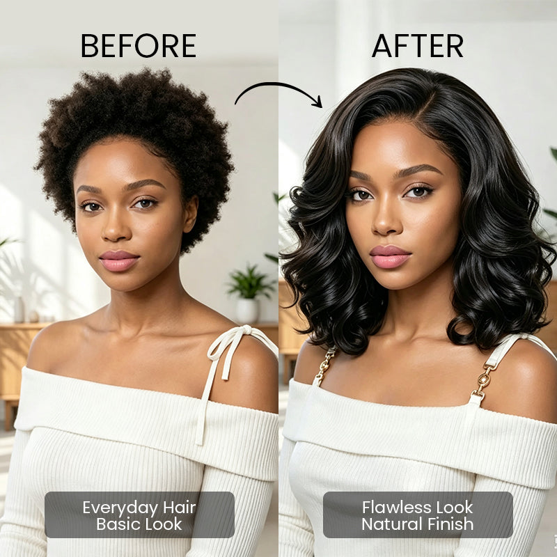 Before and after wearing the Aligrace 6x5 pre-cut lace glueless body wave short bob human hair wig