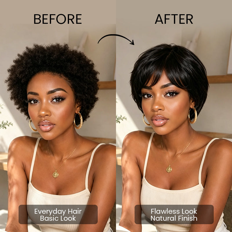 Before and after wearing the Aligrace 6 inch pixie cut straight human hair machine made wig