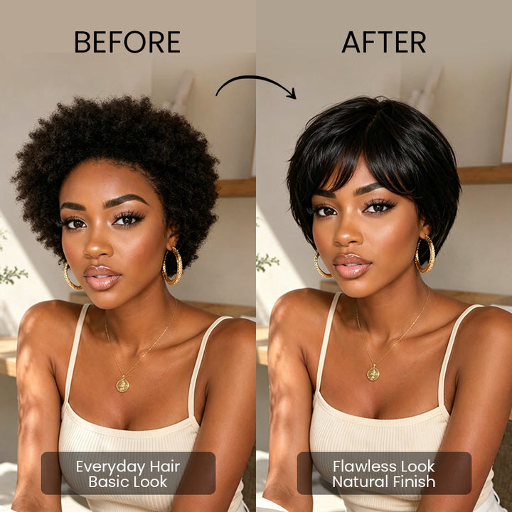 Before and after wearing the Aligrace 6 inch pixie cut straight human hair machine made wig