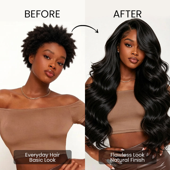 Before and after wearing the Aligrace 5x5 body wave wear and go pre-cut glueless human hair wig