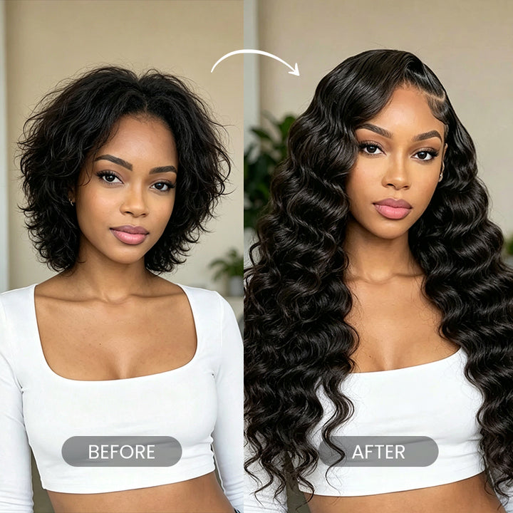 Before and after installing Aligrace loose wave human hair bundles for a fuller natural look