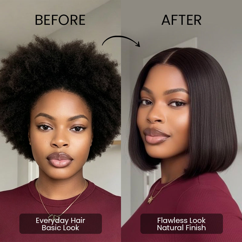 Before and after wearing the Aligrace 6x5 pre-cut lace wear and go human hair wig for a natural transformation