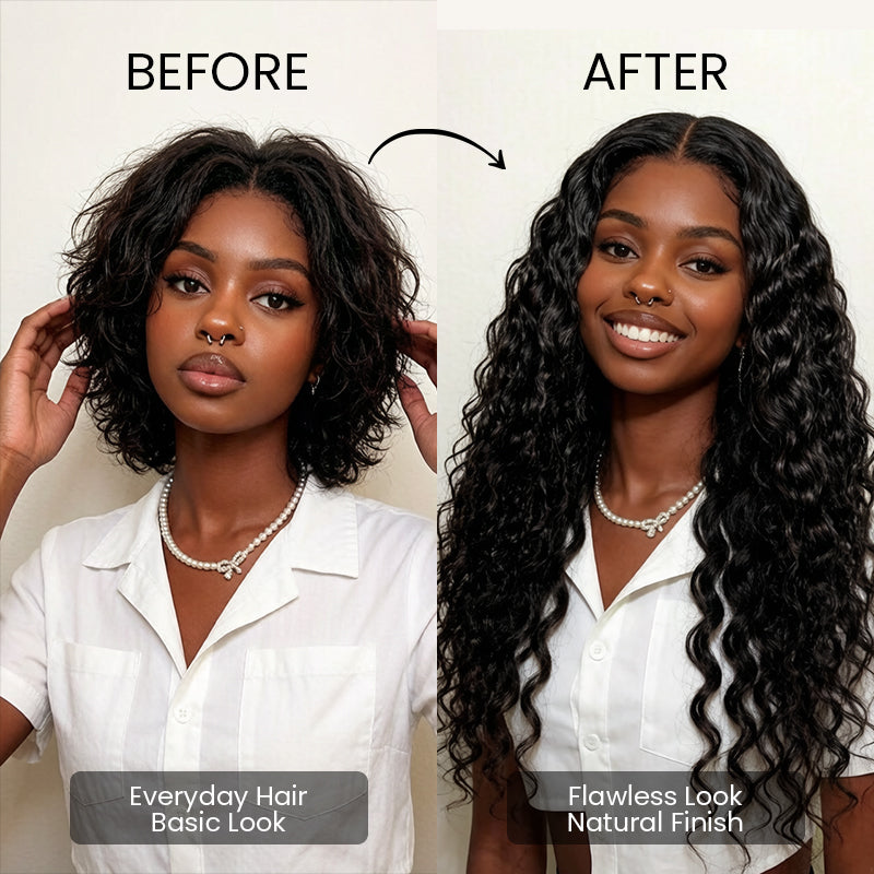 Before and after wearing the Aligrace 6x5 water wave wear and go pre-cut glueless human hair wig for a flawless natural look
