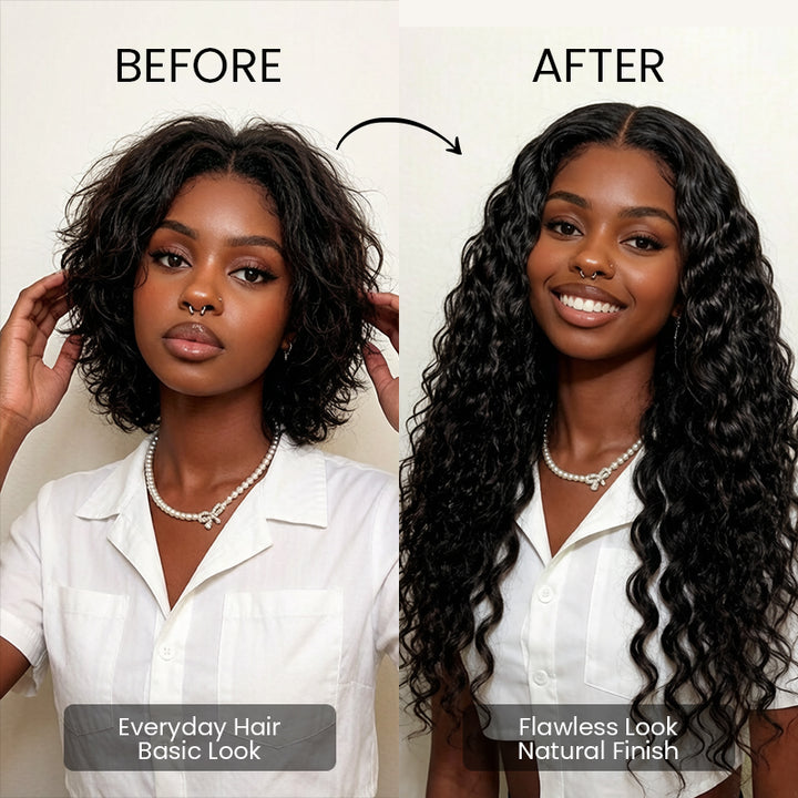 Before and after wearing the Aligrace 6x5 water wave wear and go pre-cut glueless human hair wig for a flawless natural look