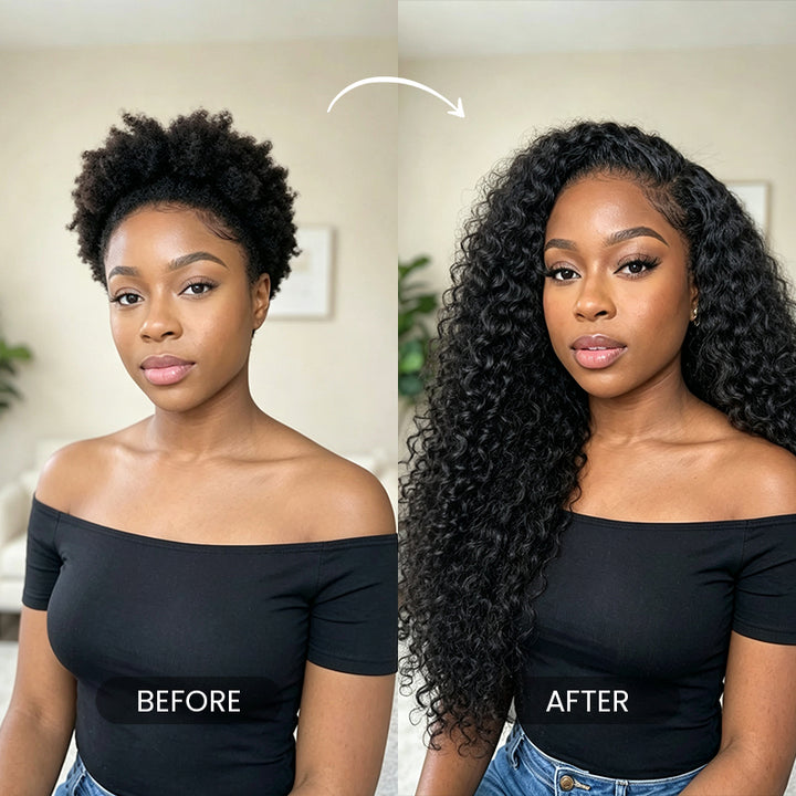Before and after installing Aligrace kinky curly human hair bundles for a fuller natural look