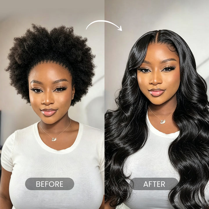 Before and after installing Aligrace body wave human hair bundles for a fuller natural look