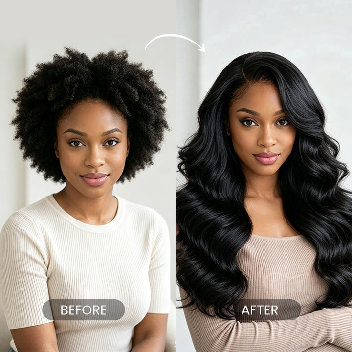 Before and after installing Aligrace body wave human hair bundles for a fuller natural look