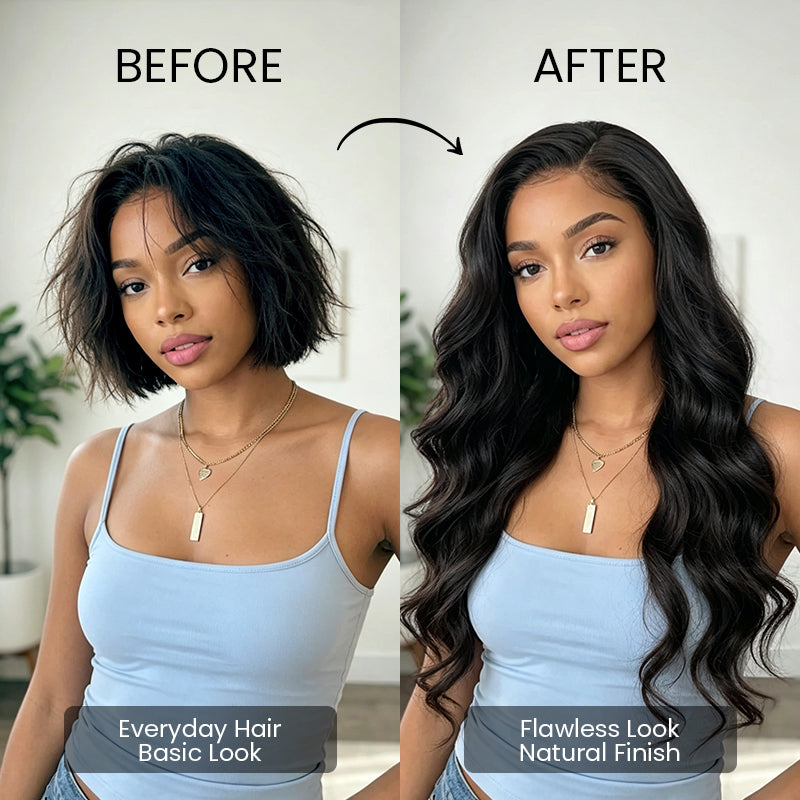 Before and after wearing the Aligrace 6x5 body wave wear and go pre-cut glueless human hair wig for a flawless natural look
