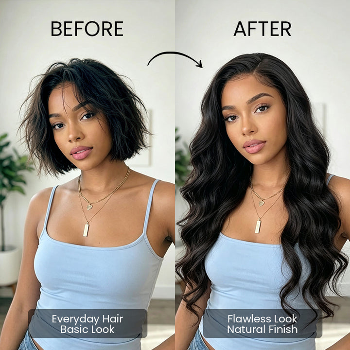 Before and after wearing the Aligrace 6x5 body wave wear and go pre-cut glueless human hair wig for a flawless natural look