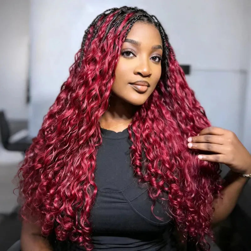 Beautiful model wearing 100% human hair Burmese Curly 99J Burgundy crochet braids with feather-soft texture, natural curls, and vibrant burgundy color.