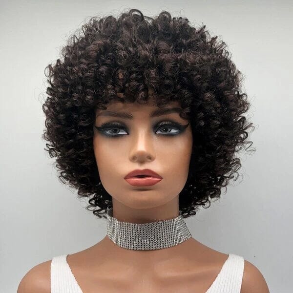 Aligrace Machine Made Curly Wigs With Bangs Dark Brown Color 