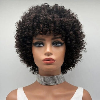 Aligrace Machine Made Curly Wigs With Bangs Dark Brown Color