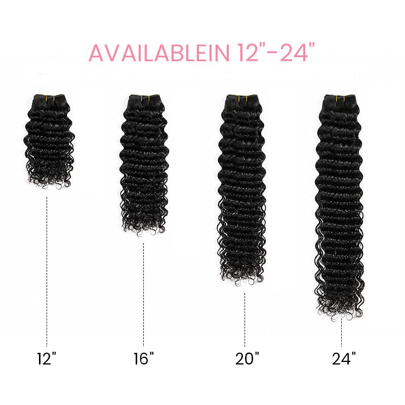 Deep wave human hair bundles length guide showing different hair lengths from short to long