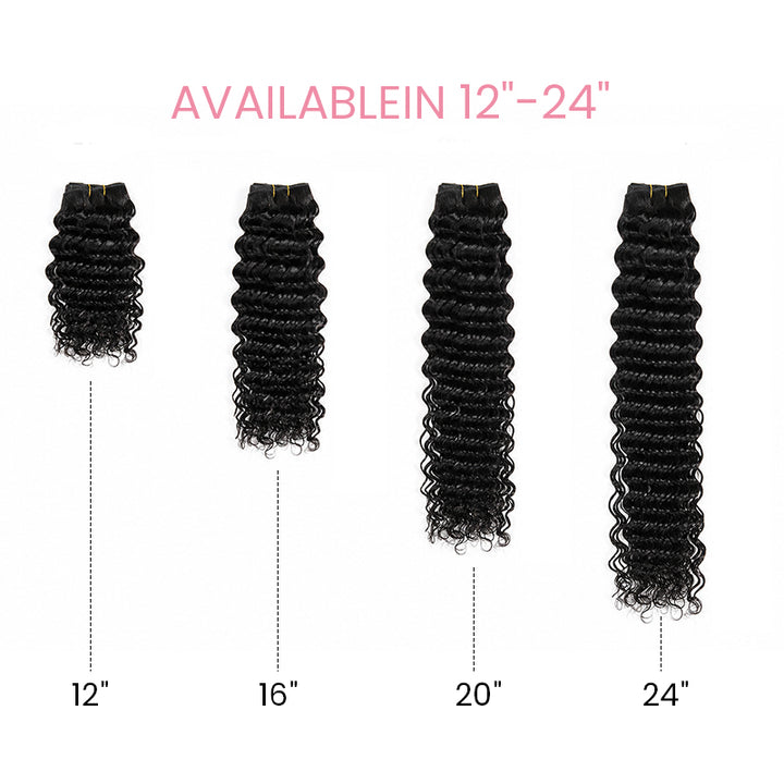 Deep wave human hair bundles length guide showing different hair lengths from short to long