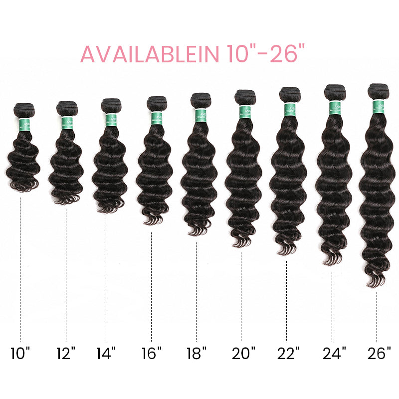 Loose wave human hair bundles length guide showing different hair lengths from short to long