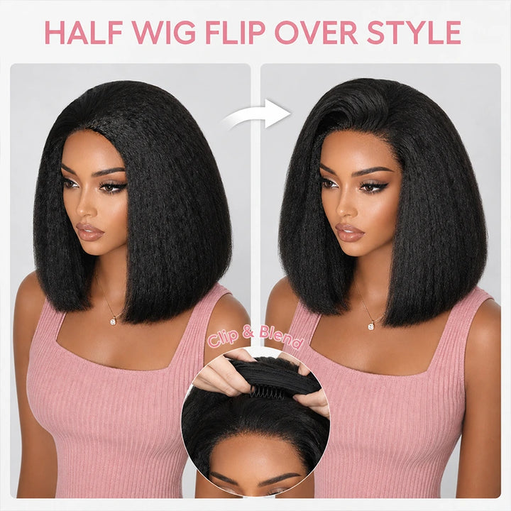 Kinky Straight Bob Half Wig human hair with natural blowout texture and effortless bob hairstyle for everyday wear