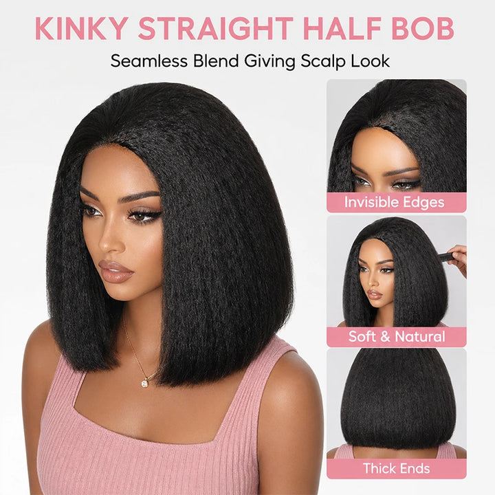 Kinky Straight Bob Half Wig with human hair texture details, natural bob shape and glueless half wig construction for easy wear