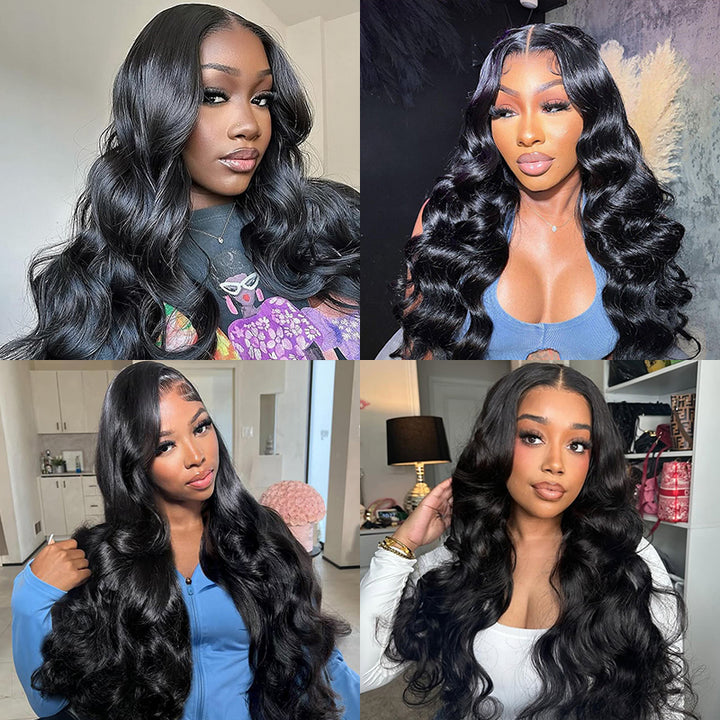 Four models showcasing Aligrace body wave human hair bundles in different hairstyles