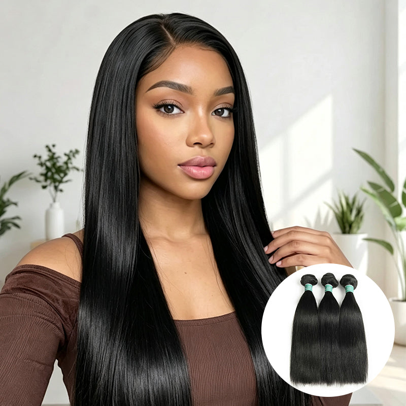 Model wearing Aligrace straight human hair bundles beside straight hair bundle product display