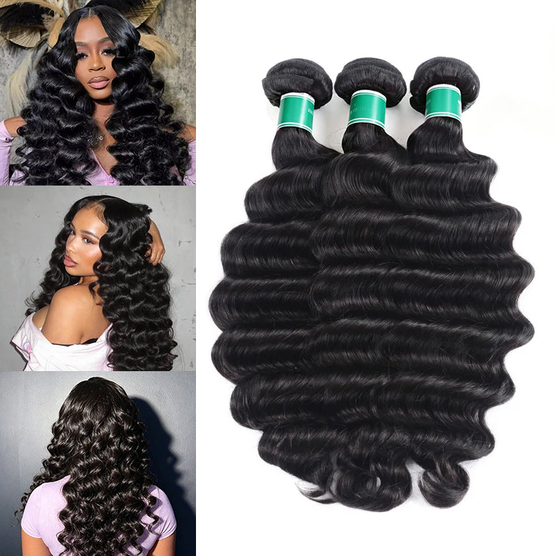 Model wearing Aligrace loose wave human hair bundles beside loose wave hair bundle product display
