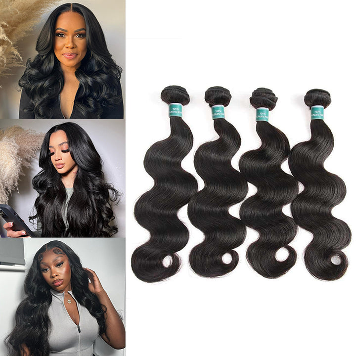 Three models showcasing Aligrace body wave human hair bundles with a product display
