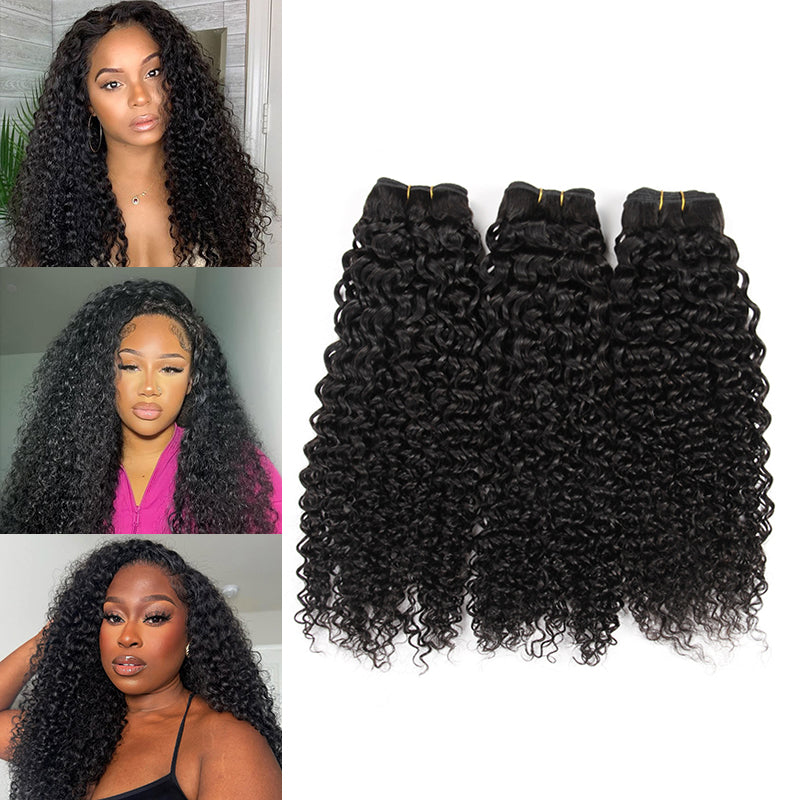 Three models showcasing Aligrace kinky curly human hair bundles with a product display
