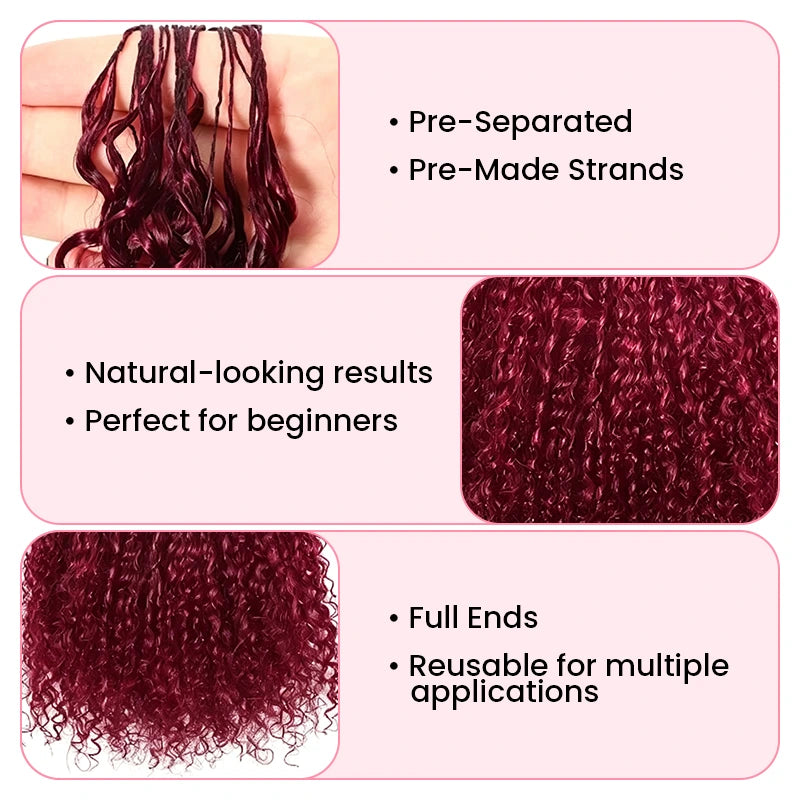 Pre-Separated Pre-Made Strands 99J Burgundy Kinky Curly Crochet Human Hair Extension with Full Ends, Natural Results and Reusable Design