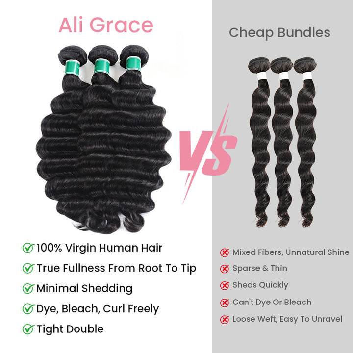 Comparison of Aligrace loose wave human hair bundles and ordinary hair bundles highlighting quality and durability